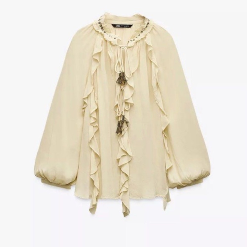 Zara Romantic Ruffled Sheer Cream Beaded Tassel Boho Flowy Blouse VIRAL NEW